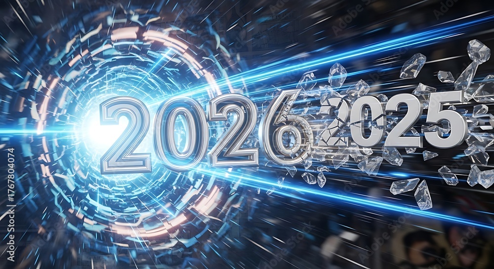 Futuristic 2026 new year portal with glowing light streaks and ...