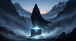 © Margarita Ratatosk - Dark hooded figure stands on a glowing pedestal in a misty mountain landscape. Mystical monument representing a powerful entity or ancient secret.