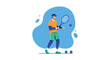 © Mehnaz - Man in athletic wear playing tennis, tossing a ball with a racket on a blue abstract background.