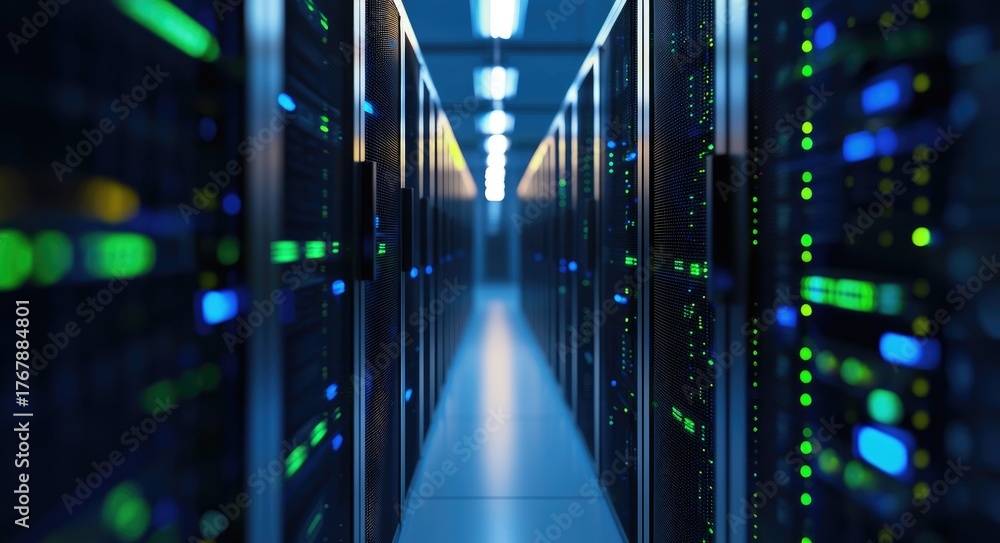 Modern IT data center with glowing server racks in a dark corridor ...
