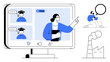 © robu_s - Educator pointing during live virtual lesson with students on video call. Factory emissions and researcher with magnifying glass. Ideal for remote education, environment, sustainability, analysis