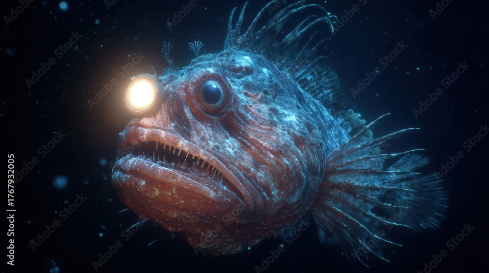 Close-up of a deep-sea anglerfish with a glowing lure, an underwater ...