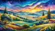 © CHAD7 - Vibrant dreamlike landscape under a starry colorful aurora sky with rolling hills and evergreen trees