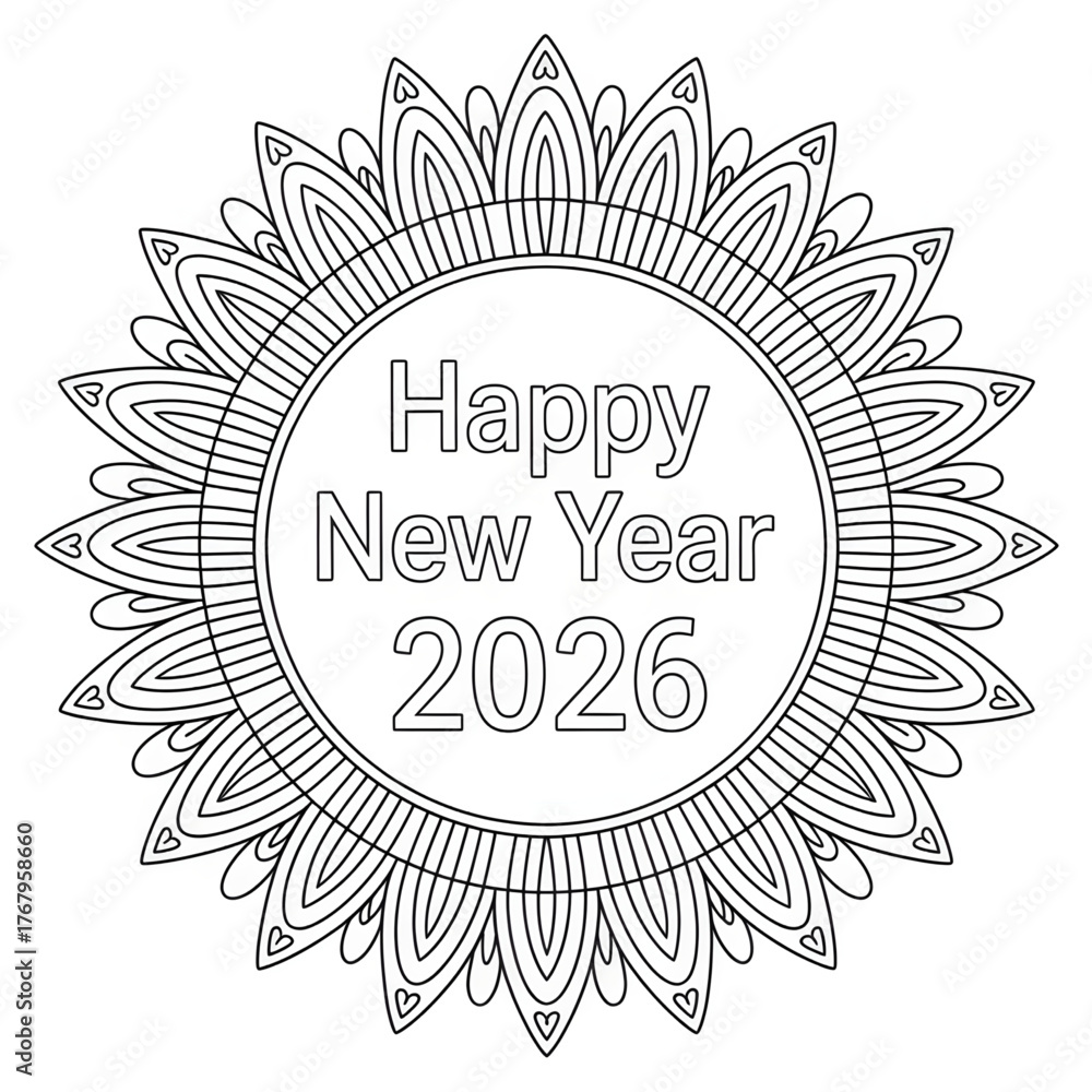 A black and white mandala happy new year 2026 illustration of a colorng ...