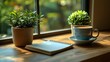 © shikatso - Coffee, plants, and notebook on a windowsill.