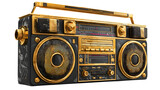 Ornate vintage gold and black boombox stereo cassette player with handle isolated on transparent background