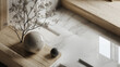 © meng - Minimalist Interior Design with Wooden Surface, Gray Spheres, Slender Plant on Marble Background