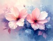 © Songo - Two large pink blossoms with delicate leaves against a pastel backdrop