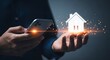 © SD AI - Digital Home Conceptual illustration of a person holding a glowing house icon on a smartphone, representing property technology