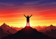 © denijulianto - Silhouette of a hiker with arms raised in victory standing on a mountain peak against a vibrant sunset.