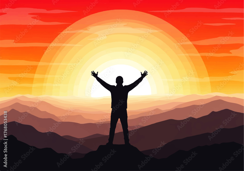 Silhouette of a man standing on a mountain peak with arms raised ...