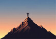 © denijulianto - Silhouette of a person standing on a mountain peak with arms raised against a gradient sky at dawn or dusk, symbolizing success.