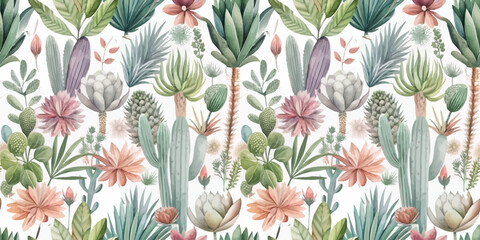 Colorful watercolor depiction of diverse botanical elements, featuring various cacti and flowers.