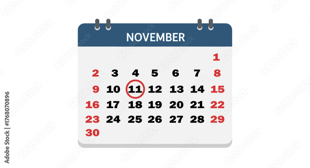 Calendar page for November with the 11th circled in red, indicating a ...