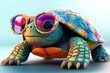 © smartcat - Colorful turtle wearing vibrant patterned sunglasses looking curious and cool with detailed textured shell and skin against soft background