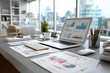 © Mediterranean sea - Data analysis information on a laptop screen and notebooks on a desk. business charts and statistical data. Professional analyzing financial data graphs, charts on laptop display at a modern workspace
