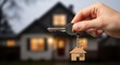 © Erisna Yolanda - Hand holding house key with miniature house charm, home in background