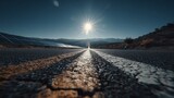 Road stretching horizon but asphalt flexible futuristic solar panel path sustainable future clean energy Dynamic landscape photograph low angle perspective emphasizing road's texture bright direct