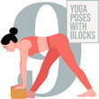 © yulianahayahirga - Woman in coral yoga outfit performs triangle pose with wooden block against large pale grey numeral nine and yoga poses with blocks text overlay detailed illustration