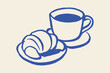 © Victoria - coffee cup croissant breakfast sketch blue brush line vector illustration