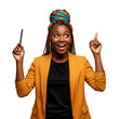 © Dazz - Excited African American woman having a great idea, pointing up with pen. Happy black businesswoman with colorful braids, eureka moment, isolated on transparent background, png