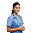 © Dazz - Smiling Indian nurse or doctor with a stethoscope. Friendly medical professional in blue scrubs, healthcare portrait, isolated on transparent background, png