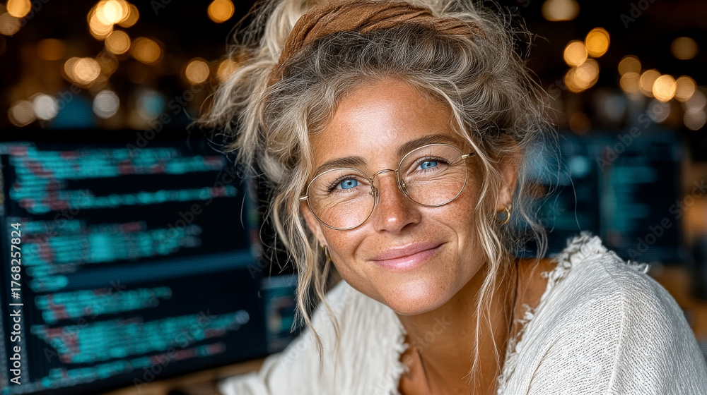 Confident female programmer coding software on computer screen in ...