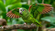 © Darya - A bright green parrot with red feathers on its wings sitting on a branch, an exotic tropical bird found in a rainforest