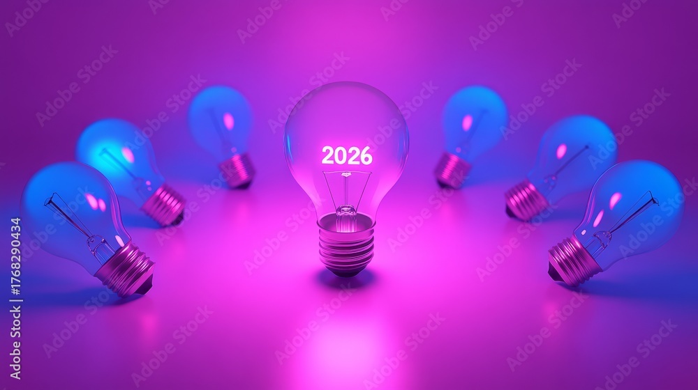 New ideas for the year 2026 with glowing light bulbs in a vibrant ...