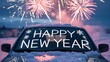 © MI - Happy new year message written on snowy car windshield with fireworks display