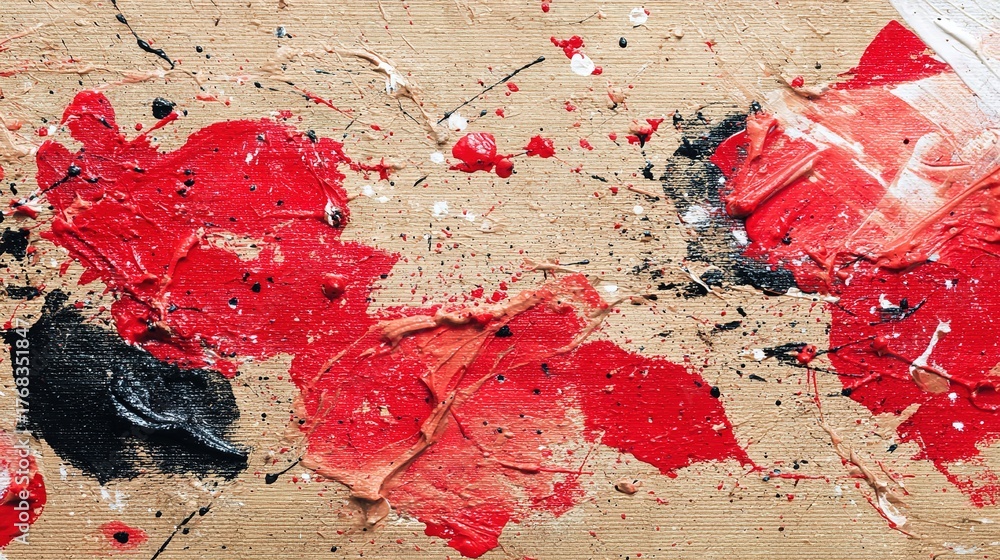 conflict. Red and black paint splatters creating color conflict on ...