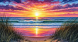 © Beny Qurdy - Vibrant watercolor landscape illustration of a dramatic sunset over the sea, viewed from a tranquil sandy beach with dunes