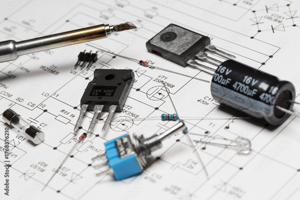 Radio components against the background of a schematic diagram Stock ...