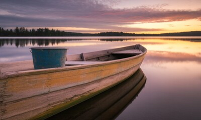 Naklejka na meble A weathered wooden boat rests on a still lake at sunrise.  A muted, tranquil scene