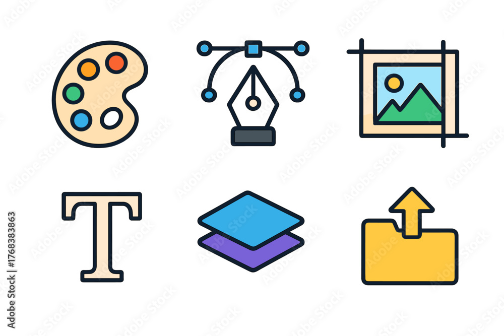 Essential graphic design software interface icons including color ...
