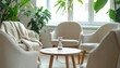 © Marcelino Victor M - Calm therapy waiting room with cozy armchairs, plants and soft daylight — modern counseling interior