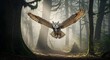 © MdYeamin - A great horned owl flying through a misty forest with trees and a dirt path in the foreground