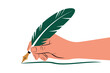 © Kalo - A hand holds a green quill pen, writing on a white background.