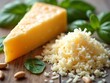 © Design Planer - Wedge of aged Parmesan cheese with pile of grated cheese and fresh basil leaves on wooden surface aged cheese