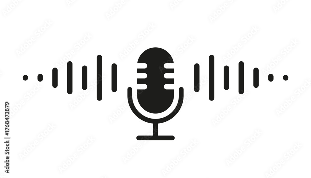Microphone icon with sound waves, audio voice recognition, recording ...