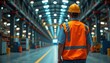 © Chaithat - Worker in yellow hard hat overseeing industrial warehouse operations modern space interior professional perspective