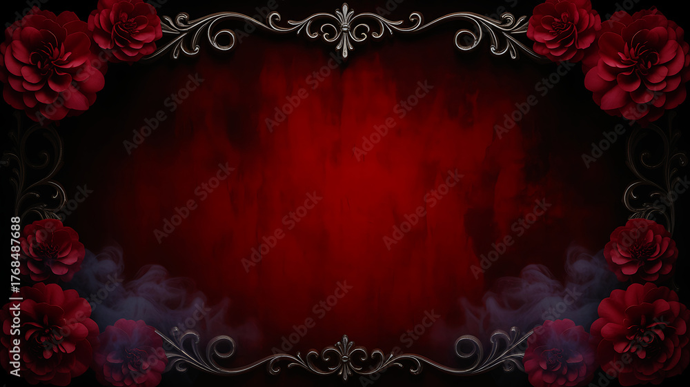 Romantic dark floral frame with red roses and vintage ornate border on ...