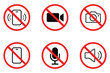 © Art Store - No phone, no camera, no camcorder. Mobile Phone prohibited. Prohibition warning sign. No photographing and filming prohibit icon logo collection. Vector illustration.