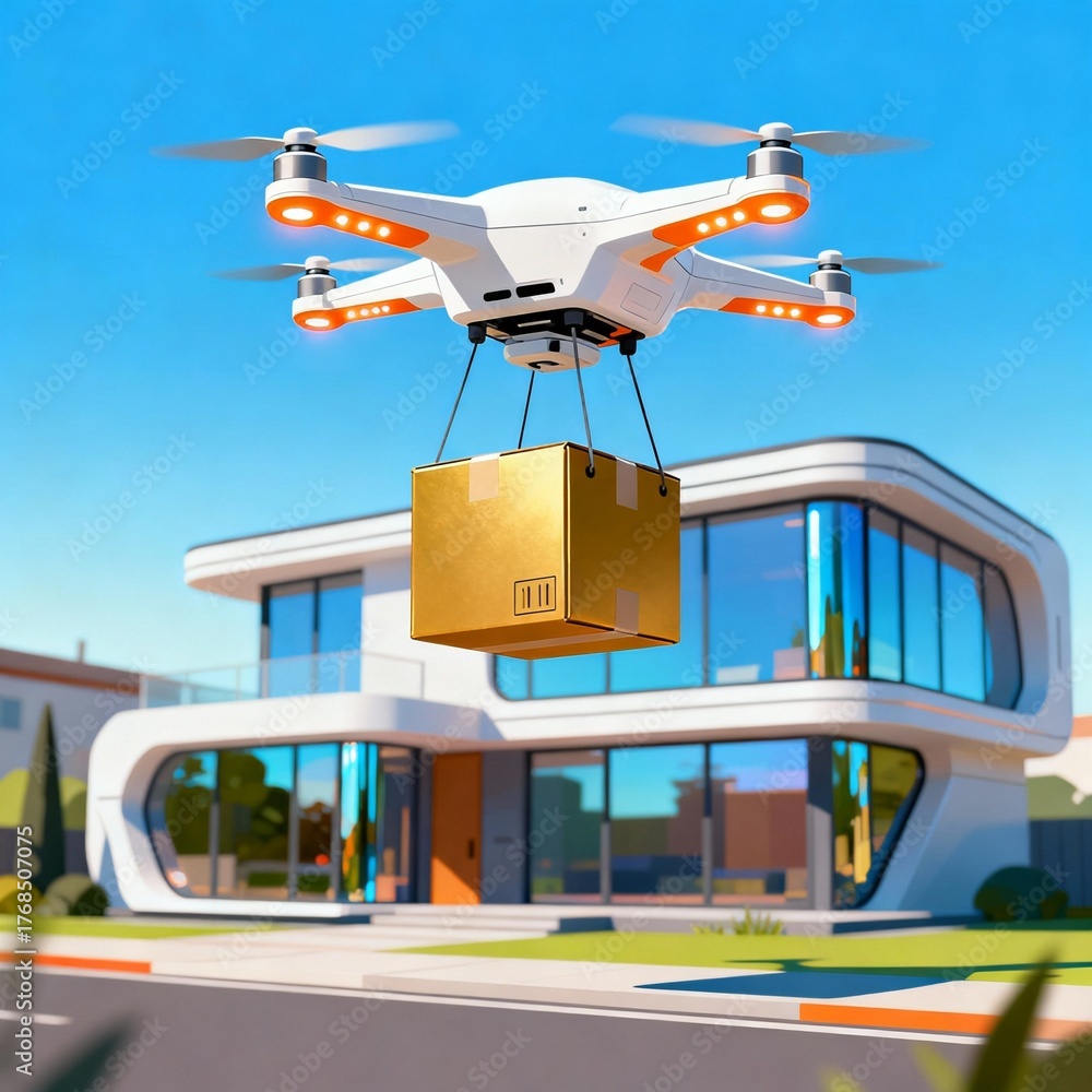 Drone Delivery Service Automated Package Transport to Modern House with ...