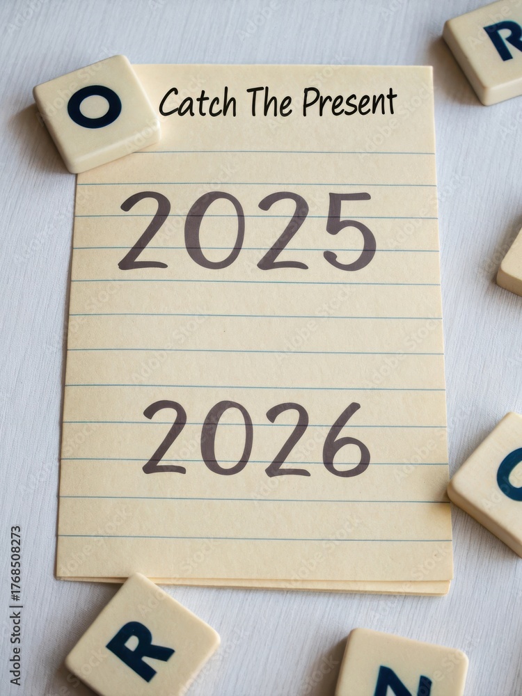 Lined Notepad with Years 2025 and 2026 and Letter Tiles Stock Photo ...