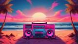 on a beach beneath a vibrant sky a pink boom box sits atop the sand radiating its music into the open air cyberpunk synth wave neon color retro futuristic