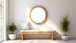© Perfect Art - a minimalist modern interior with a wooden bench, round mirror, potted plants, and natural lighting