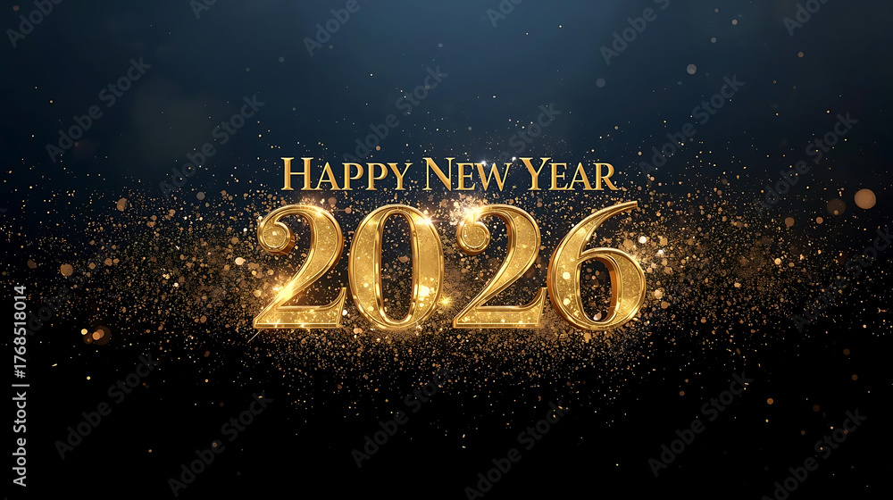 Happy new year 2026 golden text with glittering lights for flyers ...