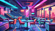 © koushkij - Realistic vector of neon-lit restaurant interior, pink and blue lighting, tables and chairs, soft reflections on floor, modern stylish design, warm festive mood, detailed ambient glow