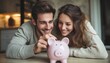 © Andrii - Cheerful Husband And Wife Putting Money In Piggy Bank For Household Budgeting And Family Finances. Spacious Image For Personalization.